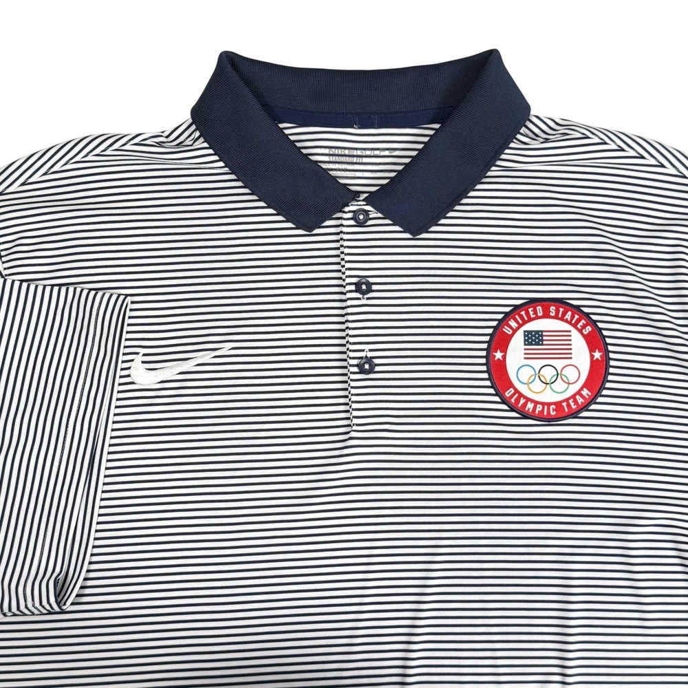 Nike Golf Dri-FIT USA Olympic Team Striped Polo Shirt Navy Blue White Mens 2XL